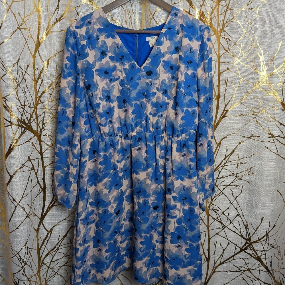 J. Crew Blue and Cream Floral V‑Neck Midi Dress